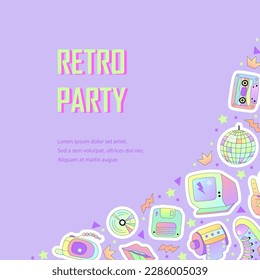 Template with retro objects for invitation, poster, advertising. 90s vibes. Space for text. Vector illustration.
