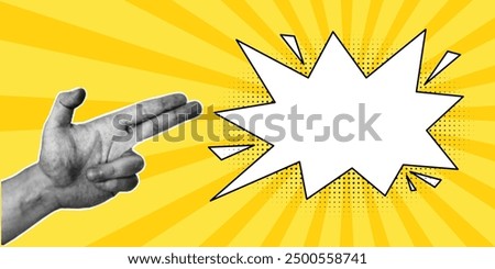 Template for retro pop art banner, empty speech bubble, explosion in a comic style. Halftone collage, hand gesture in the shape of a gun, two fingers, cut out, yellow background.