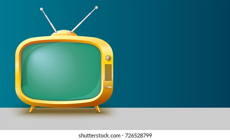 Plantilla con un televisor amarillo retro para publicidad en fondo horizontal largo, ilustración 3D con lugar para texto. Televisión realista con pantalla en blanco.