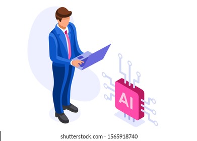 Template for Robotics Learning. Robots on Website Science Page Machine Modern Artificial Engineering Programming Hardware. Engineers Male Intelligence at Diploma Cartoon University Vector Illustration