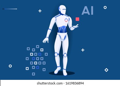 Template for Robotics Learning. Robots on Website Science Page Machine Modern Artificial Engineering Programming Hardware. Engineers Male Intelligence at Diploma Cartoon University Vector Illustration