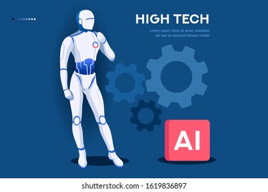 Template for Robotics Learning. Robots on Website Science Page Machine Modern Artificial Engineering Programming Hardware. Engineers Male Intelligence at Diploma Cartoon University Vector Illustration