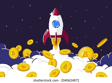 Template of a rocket flying into space, with gold coins of cryptocurrency, the rise of the price of cryptocurrency, earn on cryptocurrency