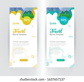 Template roll up banner for business or travel. Design a vertical brochure with mountains and a field, with a place for photos and information. Vector illustration. Set