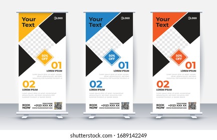 Template roll up banner for business or travel. Design a vertical brochure with mountains and a field, with a place for photos and information. Vector illustration.