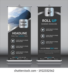 Template of Roll Up Banner design with abstract Black background and Silver. Modern X Banner Rectangle flag, Exhibition presentation, Business concept banner Vector
