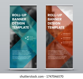 Template roll up banner with geometric design for presentation, print and media advertising. Layout of stylish vector brown and green poster isolated on gray background. Set of vertical stands