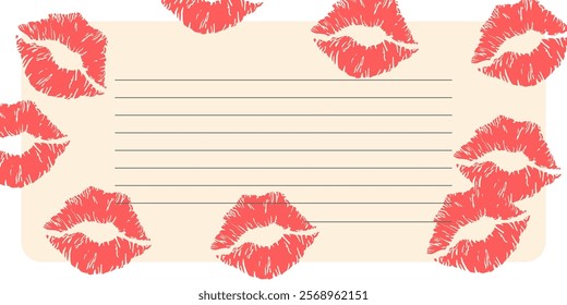 Template for a romantic postcard, letter. Template for a note with a kiss. Imprint of female red lips