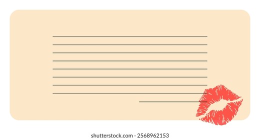 Template for a romantic postcard, letter. Template for a note with a kiss. Imprint of female red lips