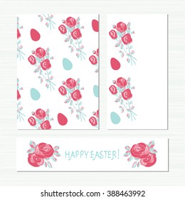 Template. Roses and eggs on a white background. Easter card.