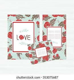 Template. Roses on a blue background. Set. Postcard for Valentine's Day. Invitation to a wedding, an anniversary, a declaration of love. Sketch.