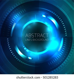 Template with round abstract technology background in blue tones and place for text. Vector element for presentations, postcards, and your design