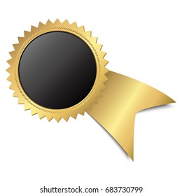 template of round black button with golden frame and golden ribbon