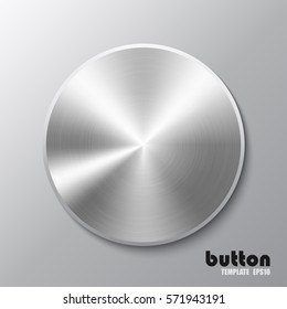 Template of round button with aluminum texture isolated on gray background