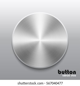 Template of round button with metal chrome texture isolated on gray scale background