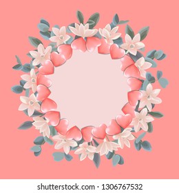 Template with Round Frame from Hearts and Pink Flowers