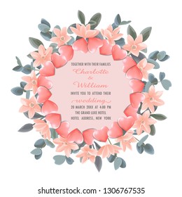 Template with Round Frame from Hearts and Pink Flowers