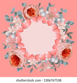 Template with Round Frame from Hearts and Pink Flowers