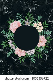 Template with Round Frame and Pink Flowers on Black Marble