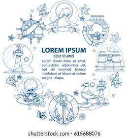 A template with a round frame and a place for text with outline illustrations on the theme of the sea and tourism.