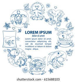 A template with a round frame and a place for text with outline illustrations on the theme of the sea and tourism.