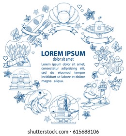 A template with a round frame and a place for text with outline illustrations on the theme of the sea and tourism.