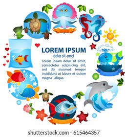 Template with a round frame and space for text with illustrations on the theme of the sea and tourism.