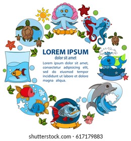 Template with a round frame and space for text with illustrations on the theme of the sea and tourism.