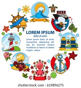 Template with a round frame and space for text with illustrations on the theme of the sea and tourism.