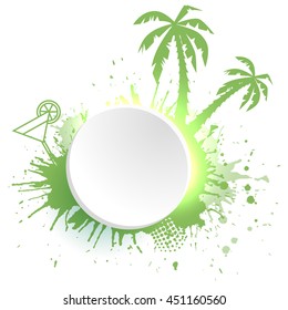 Template round frame with watercolor splashes, palm tree, cocktail and place for text. Icon for summer sales
