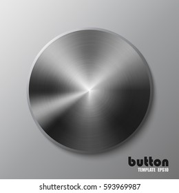 Template of round metal disk or button with dark steel texture isolated on gray scale background