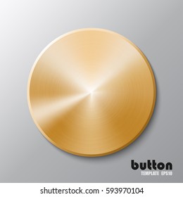 Template of round metal disk or button with golden texture isolated on gray scale background