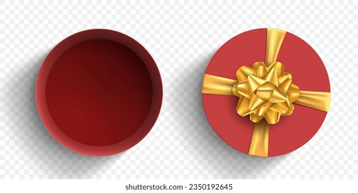 Template round open gift box with golden bow and ribbon. Vector mockup isolated on transparent background.