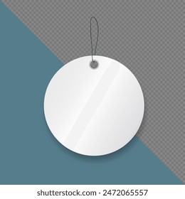 Template of round price tag with blank space for text or price on transparent background. Mock up of white discount paper label, shopping card, promotion sticker or gift tag with a string for hanging