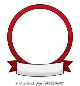 Template with round red frame wrapped with empty ribbon in cartoon style on white background.