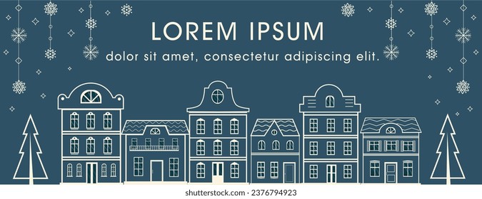 Template with row of houses lineart drawing. Horizontal banner with european city landscape. Scandinavian architecture. Buildings skyline. Vector illustration. 