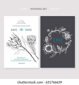 Template rustic wedding invitation. Save the date. Monogram. Calligraphy and hand-drawn flowers protea. 