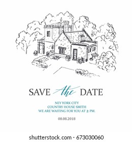 Template rustic wedding invitation. Save the date. Calligraphy and hand-drawn a small estate. 