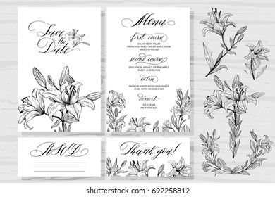 Template rustic wedding invitations and design elements. Save the date. Menu. Thank you! RSVP. Calligraphy and hand-drawn flowers lilies.