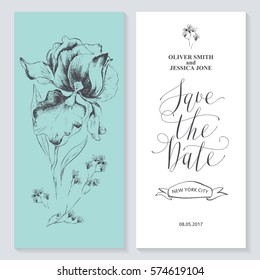 Template rustic wedding invitations.  Save the date. Calligraphy and hand-drawn flowers.