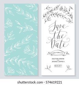 Template rustic wedding invitations.  Save the date. Calligraphy and hand-drawn flowers.