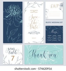 Template rustic wedding invitations. Save the date. Menu. Thank you. Your table. RSVP. Calligraphy and hand-drawn flowers. 