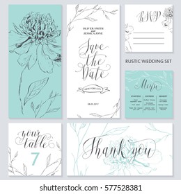 Template rustic wedding invitations. Save the date. Menu. Thank you. Your table. RSVP. Calligraphy and hand-drawn flowers. 