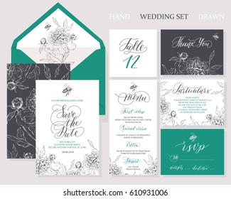 Template rustic wedding invitations. Save the date. Menu. Thank you. Your table. RSVP. Calligraphy and hand-drawn flowers. 