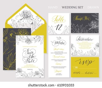 Template rustic wedding invitations. Save the date. Menu. Thank you. Your table. RSVP. Calligraphy and hand-drawn flowers. 