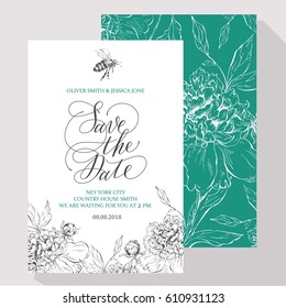Template rustic wedding invitations. Save the date. Calligraphy and hand-drawn flowers. 