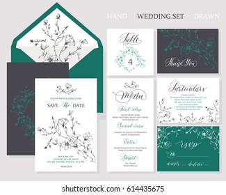 Template rustic wedding invitations. Save the date. Menu. Thank you. Your table. RSVP. Calligraphy and hand-drawn flowers. 