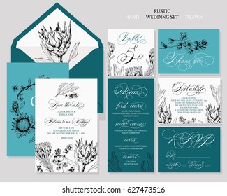 Template rustic wedding invitations. Save the date. Menu. Thank you. Your table. RSVP. Calligraphy and hand-drawn flowers. 