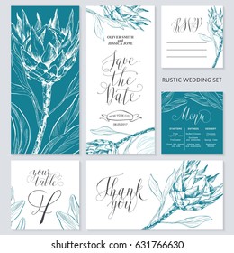 Template rustic wedding invitations. Save the date. Menu. Thank you. Your table. RSVP. Calligraphy and hand-drawn flowers. 