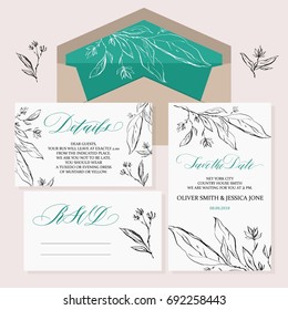 Template rustic wedding invitations. Save the date. Details. RSVP. Calligraphy and hand-drawn flowers. 